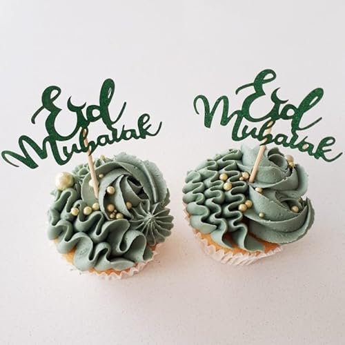 10 Eid Mubarak Cupcake Toppers, Green Glitter, Cake Topper, Charms, Crafts, Gift Wrapping, Decorations.