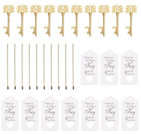 PATIKIL Abrebotellas de llave vintage, juego de 10 piezas de regalo de recuerdo de fiesta de boda con etiqueta de agradecimiento, llaveros para invitados, dorado
