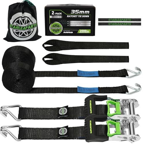 StarLeaparts Set di 2 cinghie con cricchetto, 6 m x 35 mm, cinghie di fissaggio professionali, cinghie di tensione fino a 2000 kg, cinghie a cricchetto in due pezzi, per il trasporto di auto, colore
