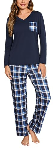 iClosam Pyjama Femme Long Coton Deux Pièces avec Pantalon à Carreaux | Pyjama Femme Hiver, Coton Doux, Respirabilité Naturelle, Haut Uni, Bas à Carreaux, Nuits Fraîches, Maison Et Repos