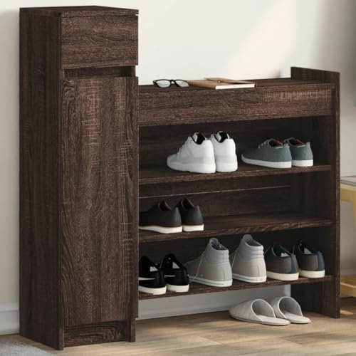 CINDERFUL Schuhschrank Braun Eichen-Optik 100,5x28x100 cm Holzwerkstoff,Stylischer Schuhschrank aus Holzwerkstoff mit Schublade, Ablagen und großzügigem Stauraum