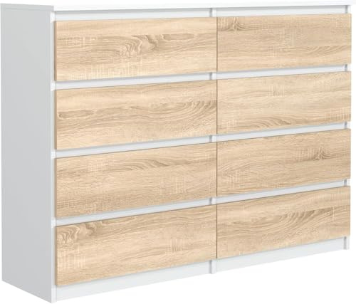 meble masztalerz Cómoda 140 cm, 8 Cajones, Blanco/Sonoma