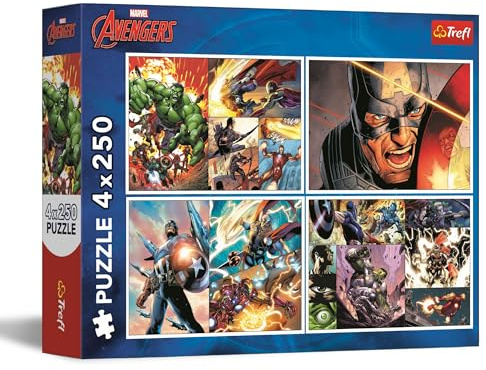 Trefl – Puzzle 4in1: Marvel The Avengers, Heldenhafte Tage - 4 x 250 Teile - Set mit Vier Puzzles für Teenager