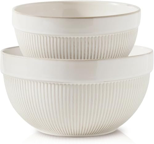 TEAKISS Tazones grandes de cerámica para mezclar a rayas amarillas, juego de 2 cuencos grandes para servir, para cocinar, palomitas de maíz, ensalada, sopa, hornear, masa de pan, 25.4 cm + 20.3 cm,