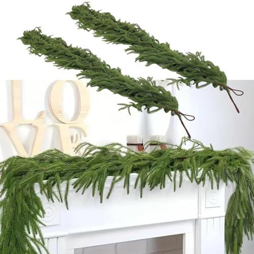2 Stück 1,5 m Weihnachtsgirlande aus Norfolk-Kiefern, realistisch, fühlt sich echt an, Girlande Norfolk-Kiefern, künstliches Weihnachtsgrün, Norfolk-Girlande für Treppen, Geländer, Haustür-Dekoration