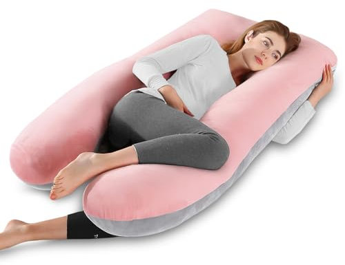 Aevcvok Schwangerschaftskissen, U-förmiges Ganzkörperkissen, Stillkissen, Stützkissen und Schwangerschaftskissen für Schwangere mit abnehmbarem Bezug, 140x70cm (Rosa & Grau, Samt)