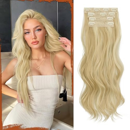 Sofeiyan Clip in Extensions, 4PCS 50 cm Lange Gewellte Haarverlängerungen für Frauen Natürlich Wellig Hellblond & Cremeblond Weiche Synthetische Clip in Haarteile für Tägliche Party