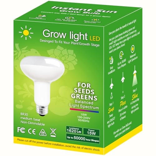 15W LED Pflanzenlampe Vollspektrum E27 Sockel für Zimmerpflanzen, 200W Äquivalent Grow Light für Zimmerpflanzen, LED Grow Light mit Hohe PPFD Wachstumslampen für Gewächshaus.5000K + Blue + Red