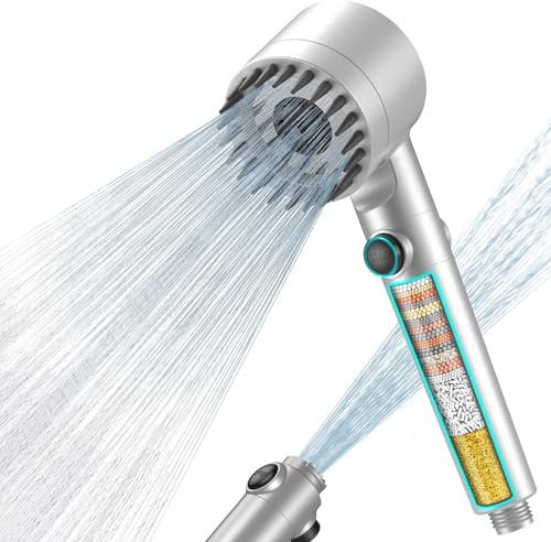 MEKO Hårvattenfilter, duschhuvud med 15 stegfilter, 3 + 1 spraystrållägen högtrycksduschhuvud och 1,5 m slang, handhållet massageduschfilter för att avlägsna klor (silver)