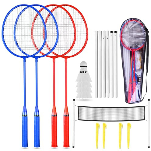 fk sports 4 Player Badminton Set with Net, Outdoor Backyard Games, 4 Rackets, 4 Nylon Shuttlecocks, Racket Carry Bag,16.5ft Badminton Net With Poles and Anchors, Kids & Adults, Garden, Beach Play