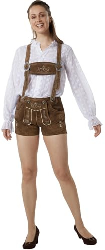 dressforfun Echtleder Lederhose Damen, Kurze Trachtenlederhosen für Damen, Trachtenhose Damen mit Stickereien und Knochenknöpfen, Trachtenmode Damen für Oktoberfest