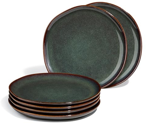 Onader Teller 6er set, 20,8cm Dessertteller Steingut, klein Kuchenteller Porzellan, Unregelmäßig Rund Geschirr Essteller zum Servieren, Anti-Kratzer & Mikrowellenfest – Reaktives Moosgrün