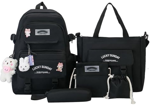 Skolryggsäck set - 5 delar canvas ryggsäck set, skolryggsäckar för barn sommar eller skola | Tonårsflickor bokväska, skolryggsäckar för pojkar, studenter, barn, tonåringar, Svart, riferimento