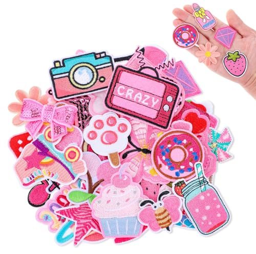 36 Stück Rosa Patches zum Aufbügeln Mädchen Rosa Bestickte Flicken | Bügelflicken Aufnähen Applikationen zum Aufnähen für Jacken Jeans Hosen Rucksäcke Kleidung DIY Zubehör