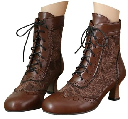 Botines para mujer, estilo victoriano, estilo gótico, con cordones, tacones medios, botas de entretiempo, con cordones, zapatos de tacón clásico, botines con cordones