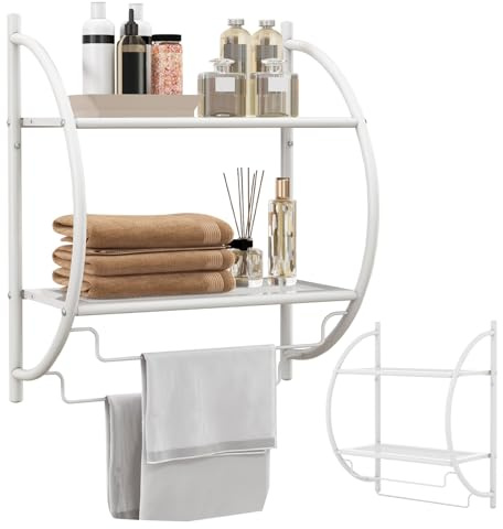 LIFEZEAL Badezimmerregal Hängend, Wandregal Badezimmer mit 2 Ablagen & Handtuchhalter, Hängeregal Wand, Handtuchablage Badetuchhalter Bad 45 x 25,5 x 55 cm (Weiß) | Badezimmer-Organizer mit 2 Regalen und 2 Stangen aus verchromtem Eisen, 45 x 25,5 x 55 cm, Kapazität 14 kg