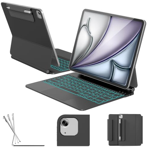 RAYMCRAFT für iPad Air 13 Zoll Hülle mit Tastatur (M4/M3/M2) & iPad Pro 12,9 (6./5./4./3. Gen.) Magic Keyboard, 11-Farbige Hintergrundbeleuchtung, Stifthalter, Smart Trackpad, Magnetständer, Schwarz