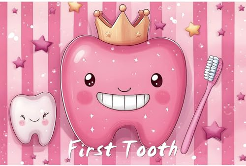 YongFoto My First Tooth Backdrop 5x3ft Cute Cartoon Crown Teeth Toothbrush Photography Background 1st Birthday Baby Party Banner Cake Table Decor Christening Infant Photoshoot Wallpaper Photo Booth