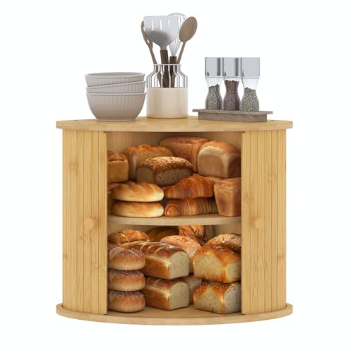 AUGOHCMIL Corner Bread Box for Kitchen Countertop, Double Layer Bamboo Bread Storage Bin,Dual-Side Sliding Roll-top Large Capacity for Kitchen,Dining Room,Under Cabinet Organizer