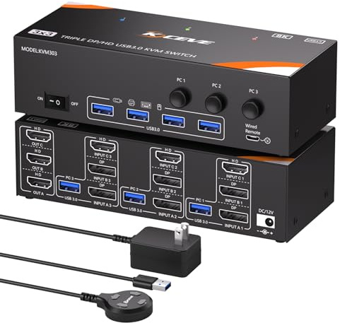 KVM Switch 3 Monitors 3 Computers 8K@60Hz/4K@120Hz, HDMI DP KVM Switches for 3 PC Sharing Triple Monitor and Keyboard Mouse with Power Adapter, Wired Extend Controller and USB3.0 Cables