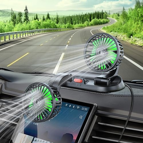 Qidoe Ventilatore Doppia Testa per Auto, Ventilatore Portatile di Raffreddamento per Veicolo a 2 velocità, Ventilatore per Cruscotto Rotante a 360° e Regolabile per Camion, Camper, Barca, Furgone