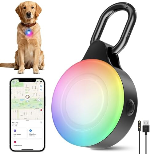 Luz para perros con rastreador GPS, luces recargables antipérdida para caminar por la noche, 6 modos IP68 impermeables, luces LED de seguimiento de mascotas, funciona con Apple Find My (solo iOS), sin