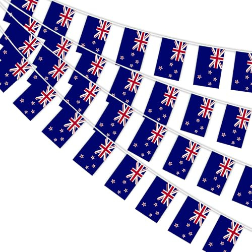 AhfuLife Neuseeland Wimpelkette mit 30 Stück Neuseeland Flaggen, 1 Stück Beidseitig Bedruckte Southern Cross Design Fahnen für Waitangi Day, WM 2026, Bar Party Deko