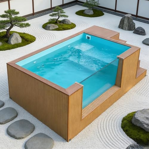 Piscina ad immersione di lusso con accento in vetro e esterno in legno, design della piscina rialzata per un'integrazione perfetta con aree soggiorno all'aperto