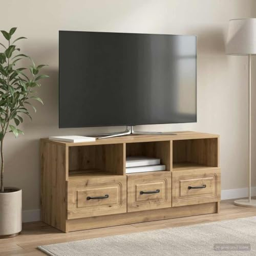Boltkex TV-skåp, lowboard av trämaterial Artisan-ek 102 x 34,5 x 47 cm med 3 lådor, strykhandtag, förvaringsutrymme för vardagsrumsskåp, hemmabio och mediemöbler