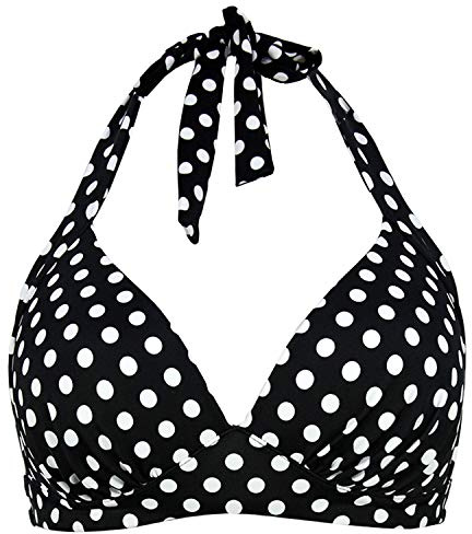 Women's Vintage 50s Halter Neck Tie Knot Back Soft Molded Padding Bikini Top Swimsuit Bathing Suit Tops Only Black Polka Dot