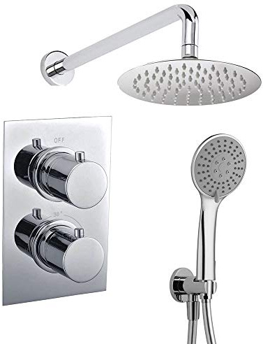 Grifo termostático ducha para empotrar PO salida pared. Incluye soporte con toma agua, flexo PVC plateado, brazo ducha y rociador extraplano. Ducha empotrable con acabado redondeada en cromo brillo