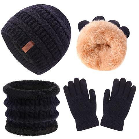 Girls Winter Hat Scarf Gloves Set for Cold Weather, Kids Beanie Hat Infinity Scarf Knitted Gloves Sets Black Knit Thick Warm Fleece Lined Thermal Set for 6-10 Years Old Boy Baby Toddler Children