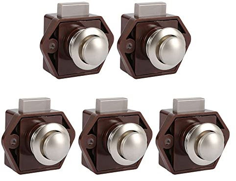 5 Pcs Bouton Poussoir Loquet sans Clé, Serrure de Porte Meuble Fermoir, Bouton Loquet Verrou pour RV Caravane Placard Meuble de d'Épaisseur (Brun)