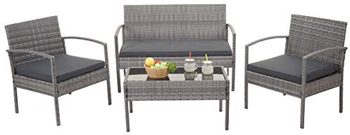 Mendler Poly-Rattan Garnitur HWC-F56, Balkon-/Garten-/Lounge-Set Sitzgruppe - grau, Kissen dunkelgrau