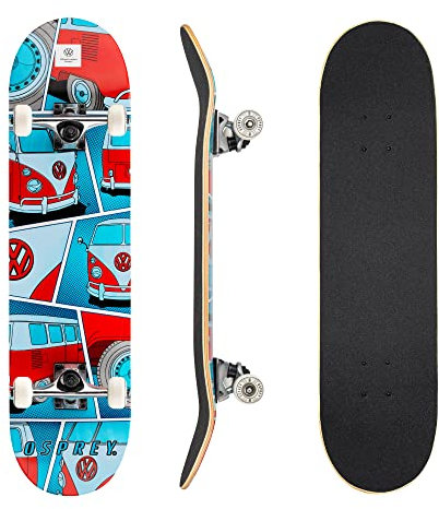Osprey Volkswagen Profi-Skateboard für Anfänger, 78,9 cm, Doppel-Kick, konkav, Erwachsenen-Skateboard mit ABEC 7-Kugellagern, max. 100 kg Benutzergewicht, offizielles VW-Designs