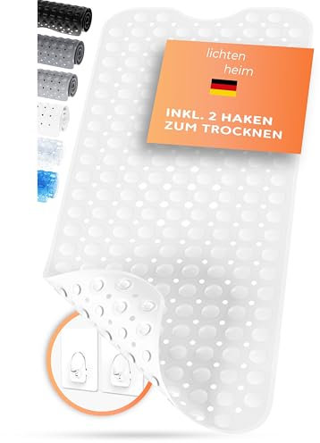 LICHTENHEIM Tappetino da doccia antiscivolo Sensitiv 100 x 40 cm – con 2 ganci – Tappetino antiscivolo – vasca da bagno senza BPA – tappetino da bagno resistente alla muffa e lavabile (bianco)