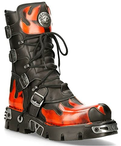 New Rock 591-S1 Boots Red Flame Metallic Black Leather Goth Punk Biker Fashion 9