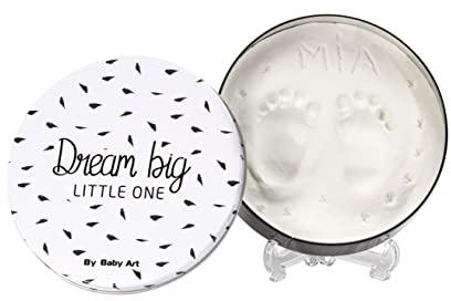 Baby Art Magic Box White and Black Runde Box aus Metall mit Modelliermasse, Set für Hand- und Fußabdruck, Geschenk zur Geburt oder Taufe