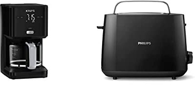 Krups KM6008 Smart'n Light Kaffeemaschine | mit Timer |intuitives Display | 1,25 L Fassungsvermögen für bis zu 15 Tassen Kaffee | schwarz & Philips Toaster – 2 Toastschlitze, 8 Stufen, schwarz