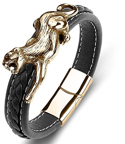 LIRU Lederarmband,Lederarmband Pantherform Geflochtenes Lederarmband Goldene Modeaccessoires Schnalle Schwarzes Lederarmband Charm Schmuck Für Damen Herren Geschenk 165Mm