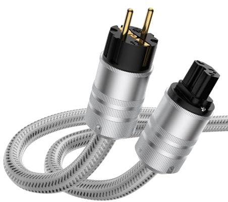 Brollitest HiFi-strömkabel (silverpläterad), premium med Schuko-kontakt och kontakt för kall enhet, (1 m 3,28 fot) Hi-FI-strömkabel, för ljud, video och hemmabio