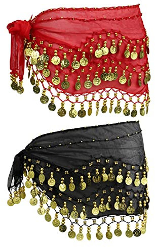 Gadpiparty 2stücke Bauchtanz Hüfttuch Mit Münzen Chiffon Wickelrock Für Damen Taillenkette Für Tanzauftritte Kostümpartys Und Yoga