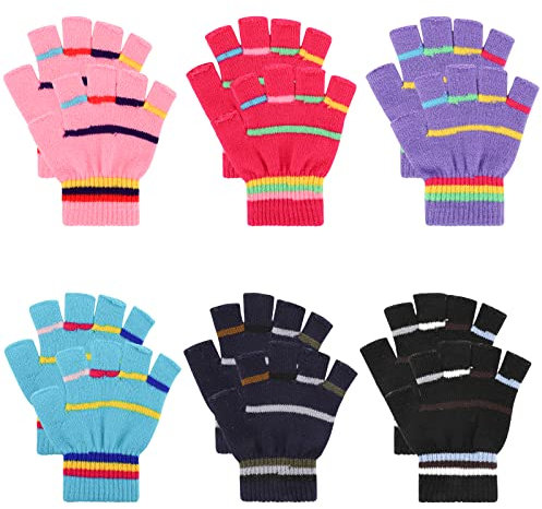 QKURT 6 Paar Kinder Fingerlose Handschuhe, Kinder Halbfingerhandschuhe Stretch Magic Warme Handschuh Bunt gestreifter Handschuh Winter Thermohandschuhe für Jungen Mädchen im Alter von 6-12 Jahren