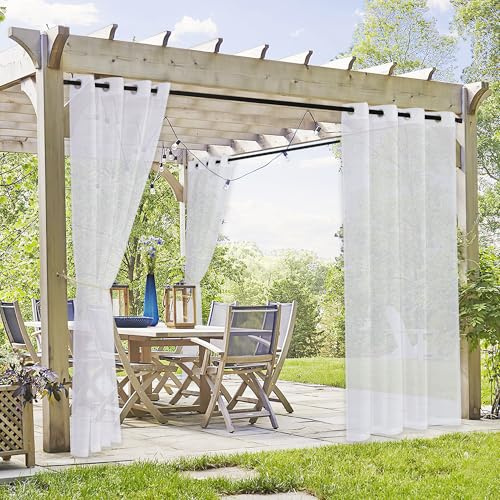 PONY DANCE Visillos Impermeable de Exterior Terraza, Cortinas Blancas Transparentes Impermeable para Porche/Jardin con Ojales, 2 Piezas, 137x243cm(Ancho x Alto)