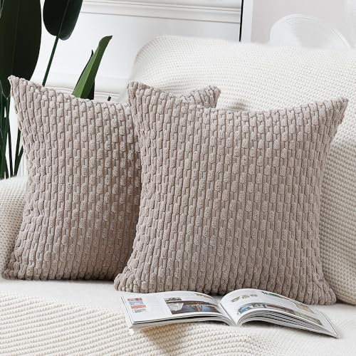 Madizz 2er Set Boho Gestreifte Kissenbezüge Weicher Kord Dekorativer Kissenbezug für Schlafzimmer Sofa Kissenhülle Taupe 50 x 50 cm