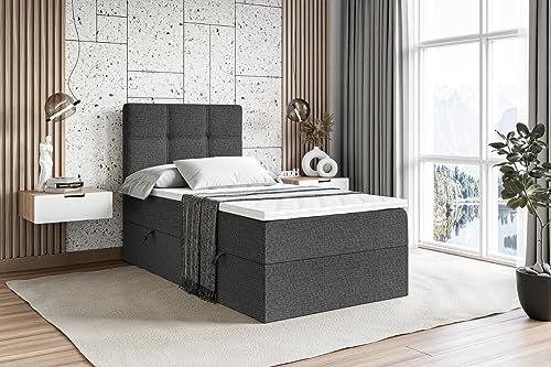 ALTDECOR Boxspringbett mit Matratze und Lattenrost, Boxbett, Topper, Polsterbett mit Bettkasten, Bett mit Stauraum H3-Matratze, Doppelbett, Springboxbett - Marce - Links Öffnung,90x200 - Dunkelgrau