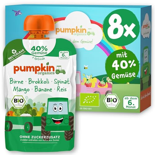 Pumpkin Organics Bio Gemüse-Getreide-Quetschies 8er Pack Birne, Brokkoli, Spinat, Mango, Banane, Reis ohne Zuckerzusatz¹ - ab dem 6. Monat - als Snack oder Beikost für unterwegs - glutenfrei (8x100g)