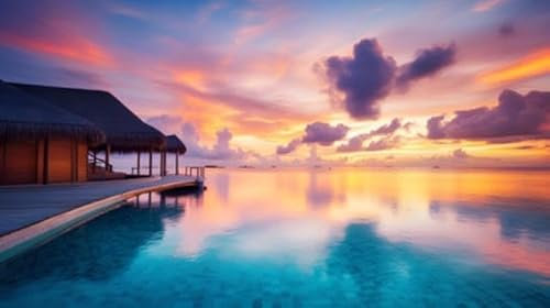 AluVerbund-Bild 70 x 40 cm: Wunderschöner Sonnenuntergang auf der Malediveninsel mit Wasserbungalows und Strand (211541220)