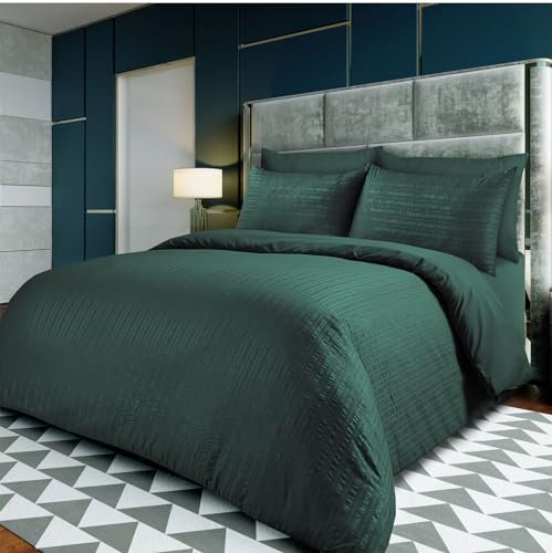Linen Home Super King Duvet Cover Sets Bottle Green Seersucker Bedding Set Includes Duvet Cover with 2 Pillowcases Luxury Soft Microfibre (Bottle Green, Super King)