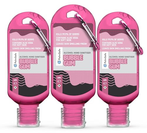 Palm Safe Bubblegum 3 Pack 60ml Anti Bacterial Premium Hand Sanitiser Travel Size Refillable Clip Bottle Quick Drying Non Sticky Extra Moisturising Kills 99.9% of Viruses and Bacteria